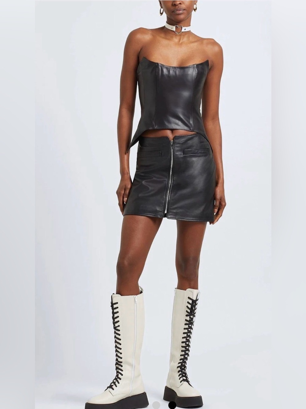 8 by YOOX Black Lambskin Leather Front Zip Mini Skirt A-Line Made in Italy Women